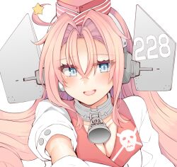 Rule 34 | 1girl, bell, breasts, cleavage, coat, collar, drum (kancolle), garrison cap, grey eyes, hair ornament, hat, headgear, kantai collection, looking at viewer, medium breasts, metal collar, neck bell, open mouth, parted lips, pink hair, red hat, rui shi (rayze ray), simple background, skull print, smile, solo, star (symbol), star hair ornament, white background, white coat