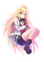 Rule 34 | 10s, 1girl, bandage on face, bandages, black footwear, black shorts, blonde hair, blue eyes, blush, boots, brown eyes, brown hair, character doll, closed mouth, commentary request, full body, hair between eyes, highres, isaac foster, jacket, long hair, looking at viewer, open clothes, open jacket, open mouth, rachel gardner, satsuriku no tenshi, scythe, seungju lee, shirt, short shorts, shorts, simple background, solo, striped clothes, striped shirt, very long hair, white background, white jacket
