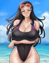Rule 34 | 1girl, 2023, absurdres, arms around neck, arms under breasts, black one-piece swimsuit, blue sky, breasts, competition swimsuit, crossed arms, curvy, dated, highleg, highleg swimsuit, highres, kyopink, large breasts, lips, long hair, nico robin, ocean, one-piece swimsuit, one piece, parted lips, sky, solo, sunglasses on head, sweat, swimsuit, water, wet, wide hips