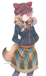 Rule 34 | 1girl, animal ear headwear, black jacket, blonde hair, blush, bow, braid, closed mouth, fake animal ears, fox girl, fox tail, green bow, hair bow, hair over shoulder, hands in pockets, hat, highres, hololive, jacket, long hair, long sleeves, looking at viewer, multicolored hair, omaru polka, pants, pink hair, plaid headwear, purple eyes, scarf, simple background, single braid, smile, solo, standing, star-shaped pupils, star (symbol), streaked hair, symbol-shaped pupils, tail, twitter username, vinhnyu, virtual youtuber, winter clothes