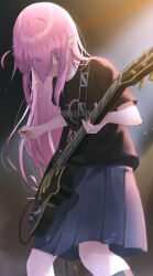 Rule 34 | 1girl, absurdres, black shirt, blue skirt, bocchi the rock!, clothes writing, commentary, electric guitar, eyes visible through hair, flying sweatdrops, gotoh hitori, guitar, hair ornament, hair over eyes, highres, instrument, long hair, music, one side up, pink hair, playing instrument, pleated skirt, plectrum, shirt, short sleeves, skirt, solo, sweat, yanagino (yanagino3)