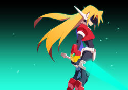 Rule 34 | armor, black background, blonde hair, commentary request, covered eyes, crop top, crotch plate, energy sword, facial mark, forehead mark, from side, girouette (mega man), gradient background, green background, head-mounted display, holding, holding sword, holding weapon, kaidou zx, long hair, mega man (series), mega man zx, model z (mega man), power armor, robot ears, sword, weapon