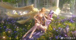 Rule 34 | 2girls, angel, angel wings, armor, armored dress, bibi dong (douluo dalu), blonde hair, crown, douluo dalu, dress, field, flower, flower field, high heels, highres, long hair, mother&#039;s day, mother and daughter, multiple girls, purple dress, qian renxue (douluo dalu), qian renxue zhuye, wings, yellow wings