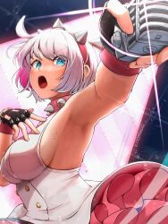Rule 34 | 1girl, ahoge, armpits, black gloves, blue eyes, bracelet, breasts, collar, dress, elphelt valentine, fingerless gloves, frilled dress, frills, gloves, guilty gear, guilty gear strive, hairband, highres, holding, holding microphone, huge ahoge, jewelry, knomico, large breasts, looking at viewer, microphone, open mouth, pink dress, pink hairband, short hair, sideboob, spiked bracelet, spiked collar, spiked hairband, spikes, two-tone dress, white dress, white hair