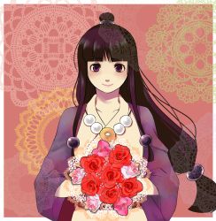 Rule 34 | 1girl, ace attorney, black hair, bouquet, chimakisan, closed mouth, flower, hair ornament, half updo, holding, japanese clothes, jewelry, kimono, long hair, looking at viewer, magatama, maya fey, necklace, rose, smile, solo