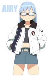 Rule 34 | 1girl, accio, airy (accho), blue hair, blush, character name, denim, denim skirt, english text, gloves, goggles, jacket, long hair, original, skirt, smirk, solo, standing, white background