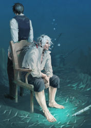Rule 34 | 2boys, absurdres, barefoot, black footwear, black hair, blue eyes, bow, bubble, buckle, chair, coin, facial hair, highres, jewelry, leaning, leaning on object, male focus, manly, medium hair, multiple boys, necklace, ogata tomio, original, red bow, seaweed, ship, short hair, sitting, standing, underwater, water, watercraft, white hair, wreckage