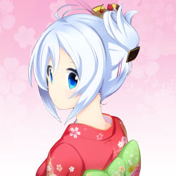 Rule 34 | .live, 1girl, akiiro, antenna hair, blue eyes, blush, closed mouth, eyebrows, from behind, japanese clothes, kimono, looking at viewer, short hair, dennou shoujo siro, solo, upper body, virtual youtuber, white hair