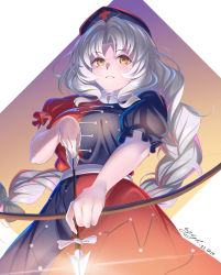 Rule 34 | 1girl, absurdres, arrow (projectile), blush, bow, bow (weapon), braid, braided ponytail, breasts, closed mouth, commentary request, constellation print, cross, dated, green bow, grey hair, hair bow, hat, highres, holding, holding arrow, holding bow (weapon), holding weapon, large breasts, long hair, looking at viewer, medium breasts, nurse cap, parted bangs, puffy short sleeves, puffy sleeves, red cross, short sleeves, sidelocks, signature, smile, solo, touhou, two-tone dress, very long hair, weapon, yagokoro eirin, yellow eyes, yujin (kanouyuuto-0423)