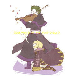Rule 34 | 1boy, 1girl, ahoge, arm support, black gloves, boots, brady (fire emblem), brother and sister, capelet, closed eyes, colored skin, english text, engrish text, fingerless gloves, fire emblem, fire emblem awakening, gloves, hair between eyes, haruno (toddy), holding, hood, hooded jacket, instrument, jacket, knee boots, kneeling, looking up, morgan (female) (fire emblem), morgan (fire emblem), music, musical note, nintendo, open mouth, pants, playing instrument, profile, purple gloves, ranguage, scar, seiza, shadow, short hair, siblings, simple background, sitting, violin, white background, white skin