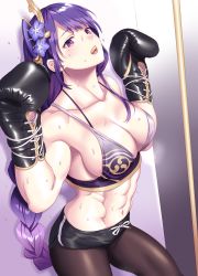 Rule 34 | 1girl, abs, absurdres, adapted costume, boxing, boxing gloves, boxing ring, boxing shorts, braid, breasts, cleavage, flower, genshin impact, glow (g10w), hair ornament, highres, long hair, medium breasts, mouth guard, pantyhose, purple eyes, purple flower, purple hair, raiden shogun, shorts, solo, sports bra, sweat, toned