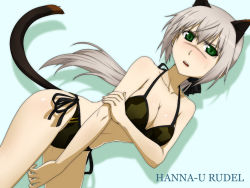 Rule 34 | 1girl, animal ears, bad id, bad pixiv id, bikini, breasts, cleavage, dutch angle, female focus, green eyes, halterneck, hanna rudel, long hair, mackey (mthc riku), medium breasts, ponytail, scar, side-tie bikini bottom, silver hair, solo, strike witches, strike witches: suomus misfits squadron, swimsuit, tail, wallpaper, world witches series