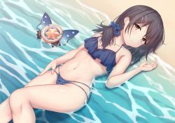 Rule 34 | 1girl, alternate hairstyle, arata (xin), bikini, black hair, blue scrunchie, breasts, brown eyes, fate/kaleid liner prisma illya, fate (series), from above, groin, hair ornament, hair scrunchie, hairclip, highleg, highleg bikini, highres, kaleidostick, layered bikini, looking at viewer, low ponytail, lying, magical sapphire, miyu edelfelt, navel, on back, outdoors, purple bikini, revision, sand, scrunchie, side ponytail, small breasts, solo, swimsuit, thighs, water, x hair ornament