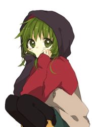 Rule 34 | 1girl, anzu (o6v6o), asymmetrical sleeves, black pantyhose, elbows on knees, expressionless, green eyes, green hair, gumi, hand in own hair, head rest, hood, hood up, hoodie, looking at viewer, mismatched sleeves, pantyhose, short hair with long locks, simple background, solo, squatting, vocaloid, white background