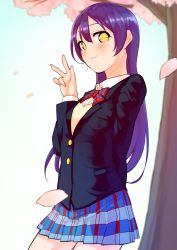 Rule 34 | 1girl, arm up, arms behind back, blue hair, blush, bow, bowtie, cherry blossoms, commentary request, cowboy shot, goe (g-o-e), hair between eyes, highres, long hair, long sleeves, looking at viewer, love live!, love live! school idol project, otonokizaka school uniform, plaid, plaid skirt, pleated skirt, red bow, red bowtie, school uniform, skirt, smile, solo, sonoda umi, striped bow, striped bowtie, striped clothes, striped neckwear, tree, v, vest, yellow eyes