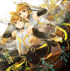 Rule 34 | 1boy, 1girl, blonde hair, brother and sister, green eyes, headphones, kagamine len, kagamine len (append), kagamine rin, kagamine rin (append), ribbon, sakuragi kei, siblings, smile, thighhighs, twins, vocaloid, vocaloid append