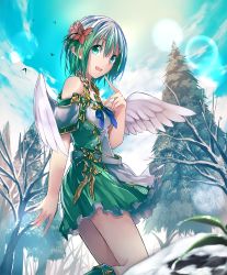 1girl :d angel_wings aqua_eyes artist_request bare_tree belt boots cloud cloudy_sky cygames flower gold_trim green_hair green_skirt hair_flower hair_ornament lens_flare looking_at_viewer miriam_(shadowverse) open_mouth pointy_ears ribbon shadowverse shingeki_no_bahamut short_hair skirt sky smile snow spruce tree wings