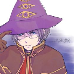 Rule 34 | 1boy, blue eyes, brown capelet, brown gloves, capelet, character name, closed mouth, commentary request, dated, eye print, glasses, gloves, grey hair, hair between eyes, hat, hat tip, highres, looking at viewer, male focus, portrait, purple hat, ragnarok masters, ragnarok online, red shirt, shirt, short hair, smile, solo, tomo-graphy, twitter username, witch hat, wizard (ragnarok online)