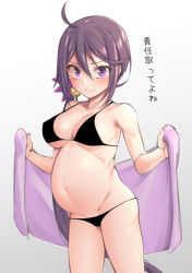 Rule 34 | 1girl, ahoge, akebono (kancolle), alternate breast size, bell, big belly, bikini, black bikini, blush, breasts, closed mouth, collarbone, commentary request, cowboy shot, flower, groin, hair bell, hair between eyes, hair flower, hair ornament, highres, holding, holding towel, jingle bell, kantai collection, large breasts, long hair, looking at viewer, navel, pink flower, pregnant, purple eyes, purple hair, side ponytail, simple background, smile, solo, swimsuit, towel, translated, very long hair, yuki to hana