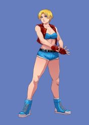 Rule 34 | belt, blonde hair, blue eyes, breasts, capcom, cirenk, cleavage, denim, final fight, final fight 3, fingerless gloves, gloves, jeans, leather vest, lucia morgan, midriff, pants, shiny skin, shoes, short hair, short shorts, shorts, sneakers, strapless, street fighter, street fighter v, thighs, tube top, vest