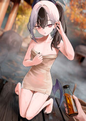 1girl barefoot black_hair black_horns black_nails blue_archive bottle cirilla_lin flat_chest hair_between_eyes highres holding holding_bottle horns kayoko_(blue_archive) kneeling light_smile looking_at_viewer medium_hair multicolored_hair nail_polish naked_towel ponytail pov red_eyes solo_focus toenail_polish toenails toes towel two-tone_hair wet wet_towel white_hair