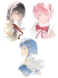 Rule 34 | 3girls, absurdres, akemi homura, black hair, black hairband, blue eyes, blue hair, cape, chaconne, collared cape, frills, glasses, hair ornament, hair ribbon, hairband, hairclip, highres, kaname madoka, looking at viewer, magical girl, mahou shoujo madoka magica, mahou shoujo madoka magica (anime), miki sayaka, mitakihara school uniform, multiple girls, pink eyes, pink hair, puffy sleeves, purple eyes, red-framed eyewear, red ribbon, ribbon, school uniform, short hair, simple background, smile, twintails, upper body, white background