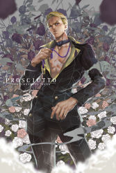 Rule 34 | 1boy, absurdres, black suit, blonde hair, blue eyes, character name, commentary request, english text, floral background, formal, highres, jojo no kimyou na bouken, male focus, pectoral cleavage, pectorals, prosciutto, sanwood mori, short hair, solo, standing, suit, vento aureo