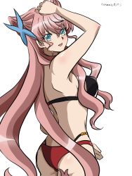 Rule 34 | 1girl, bikini, blue eyes, blush, breasts, commentary request, cowboy shot, hair ornament, highres, large breasts, long hair, looking at viewer, looking back, maria cadenzavna eve, namrute0303, open mouth, pink hair, senki zesshou symphogear, shiny skin, simple background, smile, solo, swimsuit, twitter username, white background