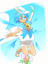 Rule 34 | 1girl, adapted costume, blue eyes, blue hair, blue shirt, cirno, cloud, commentary request, day, flower, hat, ice, ice wings, outstretched arms, plant, red ribbon, ribbon, sailor collar, sailor shirt, sandals, shirt, short hair, shorts, sky, smile, solo, sunflower, tan, tanned cirno, touhou, vines, white hat, wings, wristband, ziro (daydozen)