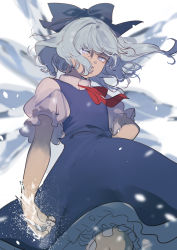 Rule 34 | 1girl, alternate eye color, blouse, blue bow, blue dress, blue hair, blurry, bow, bowtie, breasts, cirno, closed mouth, collared shirt, commentary request, dress, eyes visible through hair, fingernails, frills, grey shirt, grey shorts, hair between eyes, hand on own hip, highres, ice, ice wings, kerok (joniko1110), looking at viewer, magic, medium breasts, one-hour drawing challenge, puffy short sleeves, puffy sleeves, purple eyes, red bow, red bowtie, shirt, short hair, short sleeves, shorts, simple background, solo, standing, teeth, touhou, white background, wings