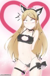 Rule 34 | 10s, 178349artz, 1girl, absurdres, bare shoulders, black bra, black panties, blush, bra, breasts, brown hair, cat cutout, cat ear panties, cat lingerie, cleavage cutout, clothing cutout, collar, collarbone, covered erect nipples, cowboy shot, dagashi kashi, endou saya, fang, frilled bra, frills, gluteal fold, groin, hair ornament, highres, lingerie, long hair, looking at viewer, meme attire, navel, open mouth, panties, side-tie panties, small breasts, solo, stomach, underwear, underwear only