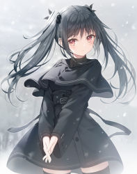 Rule 34 | 1girl, black capelet, black dress, black hair, capelet, closed mouth, commentary request, dress, hair between eyes, hair bobbles, hair ornament, highres, kine-c, long hair, long sleeves, looking at viewer, original, red eyes, sidelocks, sleeves past wrists, smile, snowing, solo, twintails, very long hair, wide sleeves