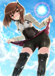 Rule 34 | 10s, 1girl, anchor, backlighting, bike shorts, bike shorts under skirt, black footwear, blue sky, blush, boots, brown eyes, brown hair, cameltoe, clothes lift, cloud, day, diffraction spikes, from below, headband, headgear, highres, kantai collection, lens flare, long sleeves, looking at viewer, looking down, outdoors, pleated skirt, short hair, shorts, shorts under skirt, skirt, skirt lift, sky, smile, solo, sparkle, sun, sunlight, taihou (kancolle), thighhighs, toyo (toyozine2009), water, water drop