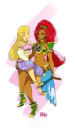 Rule 34 | 2girls, abs, absurdres, age difference, alternate costume, arabian clothes, arm support, bare shoulders, blonde hair, blue lips, blue skirt, bracelet, breasts, circlet, closed eyes, closed mouth, couple, dark-skinned female, dark skin, detached sleeves, earrings, full body, gerudo, half-closed eyes, heart, high heels, highres, hoop earrings, jewelry, lips, lipstick, long hair, long skirt, looking at another, makeup, medium breasts, midriff, multiple girls, muscular, muscular female, neck, neck ring, necklace, nintendo, one eye closed, pointy ears, princess zelda, r3dfive, red hair, revealing clothes, simple background, sitting, sitting on lap, sitting on person, skirt, small breasts, smile, straight hair, the legend of zelda, the legend of zelda: breath of the wild, urbosa, wink, yuri