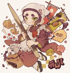 Rule 34 | 1boy, absurdres, apron, banner, closed mouth, commentary request, food, frilled apron, frills, full body, green eyes, hakama, haori, highres, holding, holding stick, japanese clothes, male focus, medium hair, nintendo, octoling, octoling boy, octoling player character, okobo, p0m4 p0m4, red hair, sandals, smile, solo, splatoon (series), splatoon 3, stick, tentacle hair, white apron, white background, white headwear
