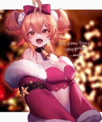 Rule 34 | 1girl, :d, absurdres, ahoge, bandeau, bare shoulders, bell, black choker, blonde hair, blurry, bow, breasts, brown eyes, choker, christmas, christmas lights, cleavage, crop top, depth of field, fang, fur trim, hair bow, highres, jacket, large breasts, long hair, long sleeves, looking at viewer, midriff, mmlyno, off shoulder, open clothes, open jacket, open mouth, original, red jacket, revealing clothes, santa costume, smile, solo, stomach, twintails, upper body