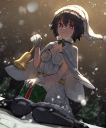 Rule 34 | 1girl, aito, black hair, breasts, christmas, closed mouth, commentary request, fate/grand order, fate (series), hat, highres, looking at viewer, ortlinde (fate), ortlinde (ring the bell) (fate), pantyhose, red eyes, short hair, smile, solo, valkyrie (fate)