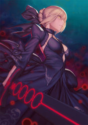 Rule 34 | 1girl, artoria pendragon (all), artoria pendragon (fate), black bow, black dress, blonde hair, blue background, bow, braid, breasts, closed mouth, commentary request, detached sleeves, dress, empty eyes, excalibur morgan (fate), expressionless, fate/stay night, fate (series), foreshortening, frilled sleeves, frills, from below, hair bow, halter dress, halterneck, heaven&#039;s feel, holding, holding sword, holding weapon, juliet sleeves, layered dress, long sleeves, medium breasts, puffy sleeves, rotix, saber alter, short hair, sidelocks, solo, sword, weapon, yellow eyes