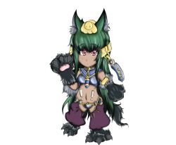 Rule 34 | 1girl, animal ears, animal hands, anubis (monster girl encyclopedia), armlet, breasts, chibi, dog ears, dog paws, dog tail, full body, green hair, long hair, midriff, monster girl, monster girl encyclopedia, navel, pink eyes, simple background, solo, tail, tokamaku, very long hair, white background