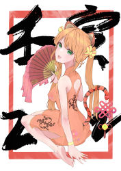 Rule 34 | 1girl, absurdres, animal ears, barefoot, bow, breasts, china dress, chinese clothes, chinese text, chinese zodiac, dress, green eyes, hair bow, hand fan, haroe, highres, long hair, medium breasts, orange dress, orange hair, original, side slit, simple background, tail, tiger tail, twintails, year of the tiger, yellow bow
