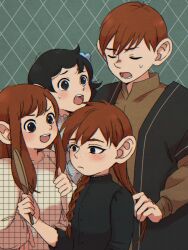 Rule 34 | 1boy, 3girls, black eyes, black hair, brown hair, chilchuck tims, closed eyes, dungeon meshi, father and daughter, flower, freckles, fullertom (dungeon meshi), grid background, hair flower, hair ornament, highres, holding, holding mirror, long hair, looking at another, mayjack (dungeon meshi), mirror, multiple girls, open mouth, packpatty (dungeon meshi), short hair, siblings, sidelocks, sisters, standing, tama . kogifu, teeth, unmoving pattern