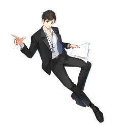 Rule 34 | 1boy, belt, black belt, black eyes, black footwear, black hair, black jacket, black pants, black socks, business suit, closers, collared shirt, dress shirt, dress shoes, formal, frown, full body, hand up, highres, holding, holding paper, id card, invisible chair, jacket, lanyard, long sleeves, looking at viewer, male focus, official art, open clothes, open jacket, pants, paper, paperclip, raised eyebrow, salaryman, seha lee, shirt, short hair, sitting, socks, solo, suit, suit jacket, tachi-e, watch, white background, white shirt, wristwatch