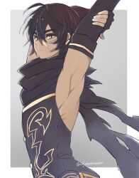 Rule 34 | 1boy, armpits, arms up, black gloves, black hair, black scarf, border, commentary request, dark-skinned male, dark skin, ear piercing, elbow gloves, fingerless gloves, from side, gloves, granblue fantasy, grey background, hair between eyes, jamil (granblue fantasy), looking at viewer, male focus, piercing, ribs, scar, scar on face, scarf, short hair, sleeveless, solo, stretching, toned, toned male, torn clothes, torn scarf, twitter username, upper body, urjuwanwan, white border, yellow eyes