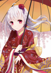 Rule 34 | 1girl, absurdres, ahoge, blurry, blurry background, braid, closed mouth, floating hair, flower, hair flower, hair ornament, highres, holding, holding umbrella, japanese clothes, kanzashi, kimono, light smile, long hair, looking at viewer, obi, original, parasol, red eyes, red flower, red kimono, saikou-iro aurora, sash, silver hair, solo, umbrella, upper body, white background, wide sleeves