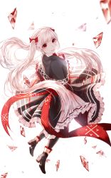 Rule 34 | 1girl, black capelet, black dress, black footwear, bow, capelet, dress, full body, glint, hair bow, highres, long hair, looking back, original, red bow, red eyes, red ribbon, ribbon, shards, simple background, smile, solo, twintails, very long hair, white background, white hair, windworker