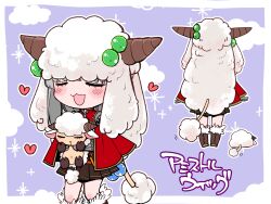 Rule 34 | 1girl, :3, amistr (ragnarok online), blush, boots, brown dress, brown footwear, brown horns, cape, closed eyes, commentary request, creator (ragnarok online), dress, fake horns, feet out of frame, full body, fur-trimmed footwear, fur hat, fur trim, grey hair, hat, heart, highres, holding sheep, horns, long hair, medium bangs, miya daisuke, multiple views, open mouth, pleated dress, purple background, ragnarok online, red cape, sheep, sheep tail, smile, tail, translation request