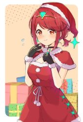 Rule 34 | 1girl, adapted costume, bafarin, black gloves, breasts, christmas, earrings, gift, gloves, hat, highres, jewelry, large breasts, pyra (xenoblade), red eyes, red hair, santa costume, santa gloves, santa hat, short hair, solo, swept bangs, tiara, xenoblade chronicles (series), xenoblade chronicles 2