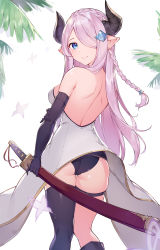 Rule 34 | 1girl, absurdres, ass, back, backless outfit, black gloves, black panties, black thighhighs, blue eyes, blush, braid, breasts, draph, elbow gloves, gloves, granblue fantasy, hair ornament, hair over one eye, highres, holding, holding weapon, horns, katana, large breasts, light purple hair, long hair, looking at viewer, looking back, narmaya (granblue fantasy), panties, pointy ears, rikoma, single braid, single thighhigh, smile, solo, sword, thigh strap, thighhighs, underwear, very long hair, weapon