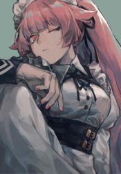 Rule 34 | 1girl, absurdres, black ribbon, creamyghost, girls&#039; frontline, hair flaps, hair ribbon, highres, long hair, long sleeves, looking at viewer, maid, maid headdress, nail polish, ntw-20 (girls&#039; frontline), ntw-20 (the aristocrat experience) (girls&#039; frontline), official alternate costume, one eye closed, pink eyes, pink hair, pink nails, ponytail, ribbon, solo, upper body