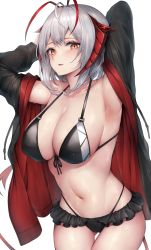 Rule 34 | 1girl, absurdres, ahoge, antenna hair, arknights, armpits, arms behind head, arms up, bare shoulders, bikini, black bikini, black jacket, breasts, cameltoe, cleavage, cowboy shot, front-tie bikini top, front-tie top, gluteal fold, halterneck, highleg, highleg bikini, highres, horns, jacket, large breasts, long sleeves, navel, off shoulder, open clothes, open jacket, orange eyes, parted lips, snm (sunimi), solo, stomach, string bikini, swimsuit, thigh gap, thighs, w (arknights), wet, white hair
